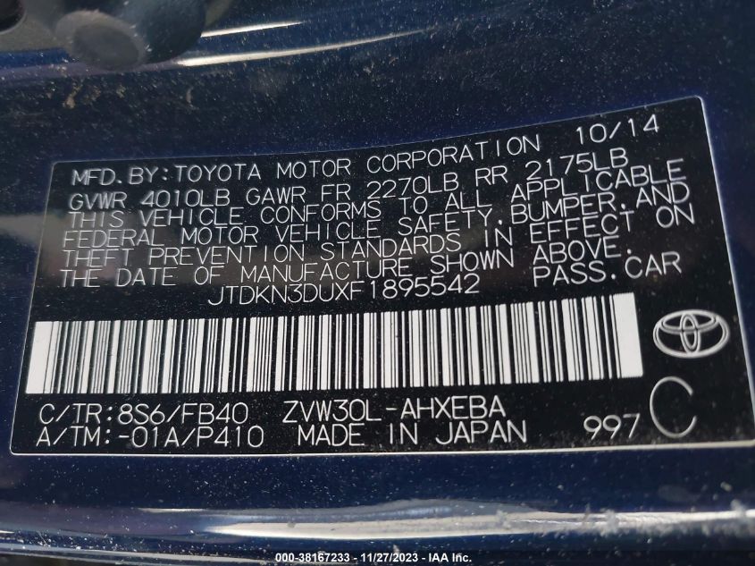 2015 TOYOTA PRIUS - JTDKN3DUXF1895542