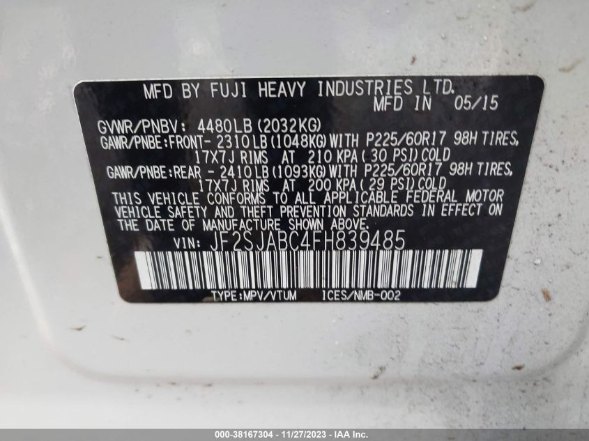 2015 SUBARU FORESTER 2.5I - JF2SJABC4FH839485