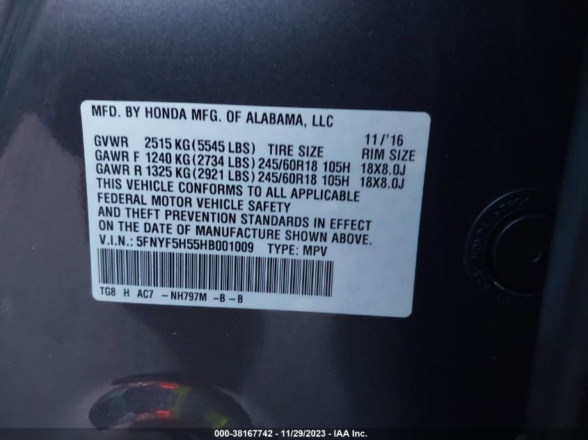 2017 HONDA PILOT EXL - 5FNYF5H55HB001009