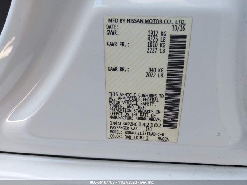 2017 NISSAN ALTIMA 2.5/S/SV/SL/SR - 1N4AL3AP2HC142102