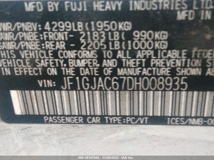 2013 SUBARU IMPREZA 2.0I PREMIUM - JF1GJAC67DH008935