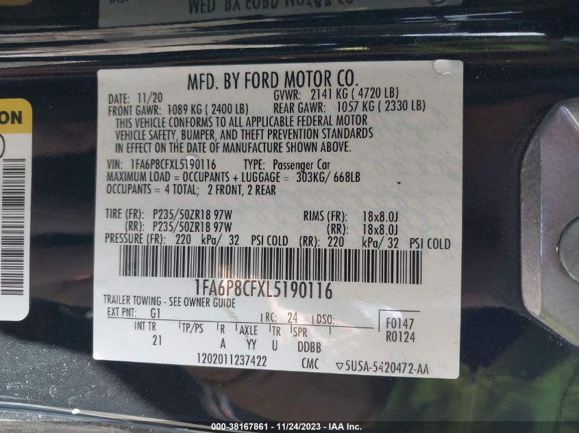 2020 FORD MUSTANG GT - 1FA6P8CFXL5190116