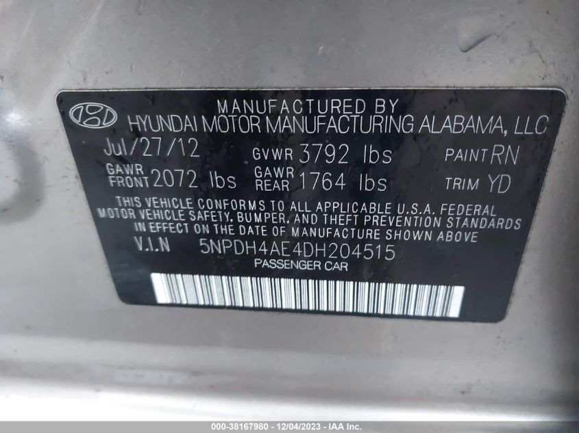 2013 HYUNDAI ELANTRA GLS - 5NPDH4AE4DH204515