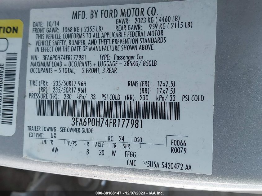 2015 FORD FUSION SE - 3FA6P0H74FR177981