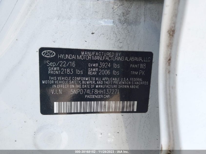2017 HYUNDAI ELANTRA SE - 5NPD74LF8HH137271