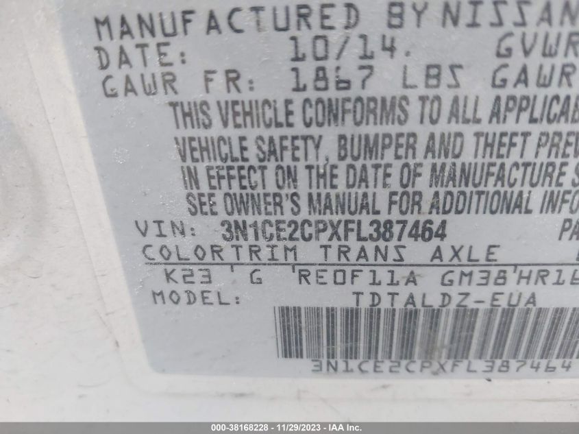 2015 NISSAN VERSA NOTE S/S PLUS/SV/SL/SR - 3N1CE2CPXFL387464