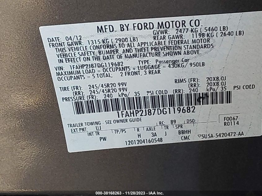 2013 FORD TAURUS LIMITED - 1FAHP2J87DG119682