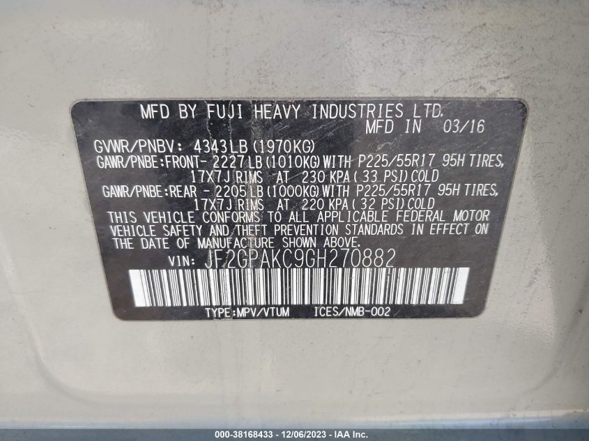 2016 SUBARU CROSSTREK 2.0I LIMITED - JF2GPAKC9GH270882