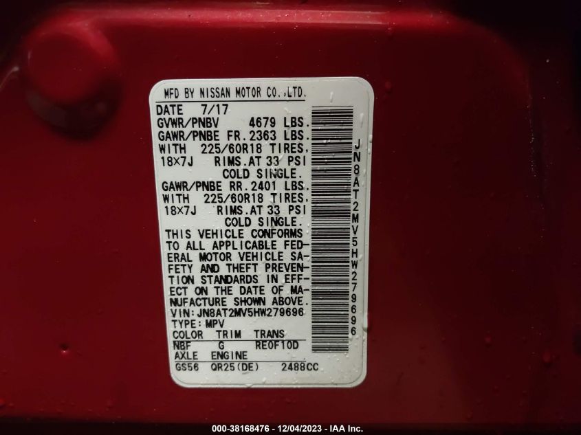 2017 NISSAN ROGUE S/SL/SV - JN8AT2MV5HW279696