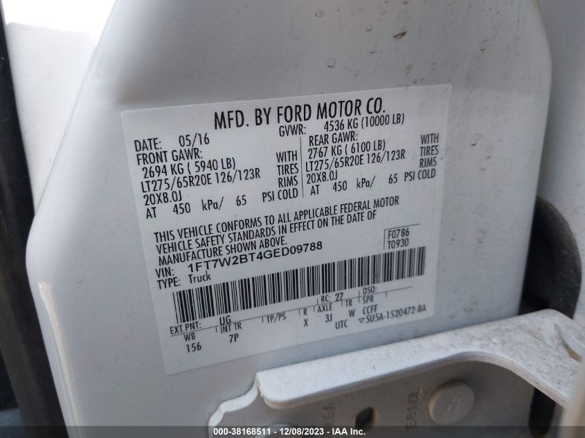 2016 FORD SUPER DUTY F-250 SRW LARIAT/PLATINUM - 1FT7W2BT4GED09788