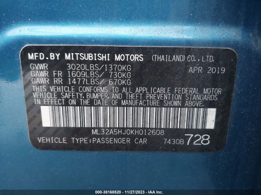 ML32A5HJ0KH012608 | 2019 MITSUBISHI MIRAGE