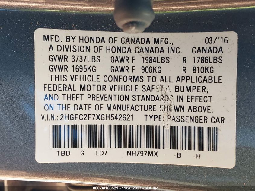 2016 HONDA CIVIC EX - 2HGFC2F7XGH542621