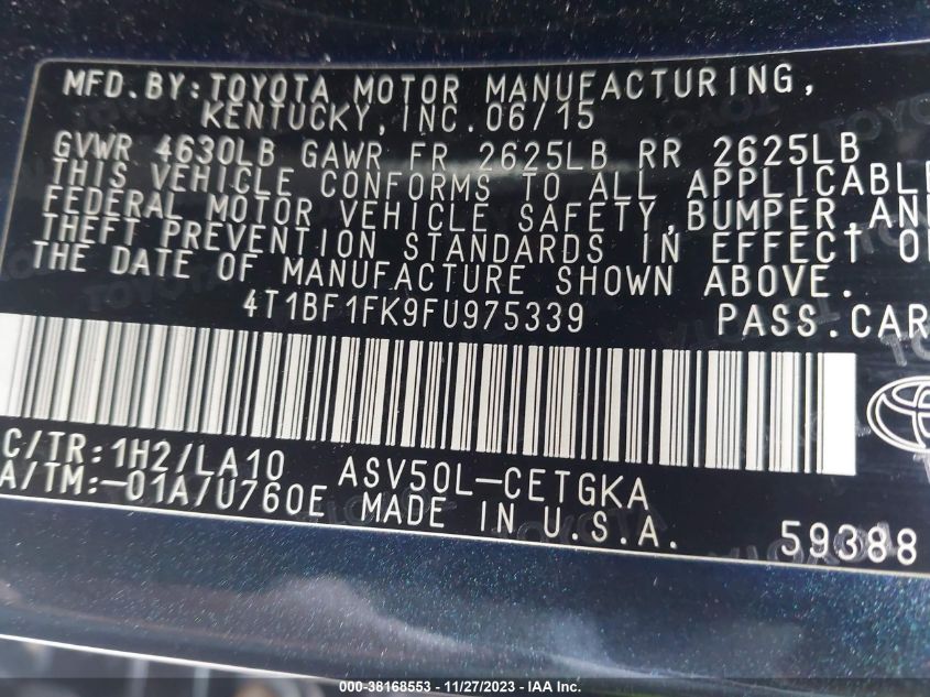 2015 TOYOTA CAMRY LE/XLE/SE/XSE - 4T1BF1FK9FU975339