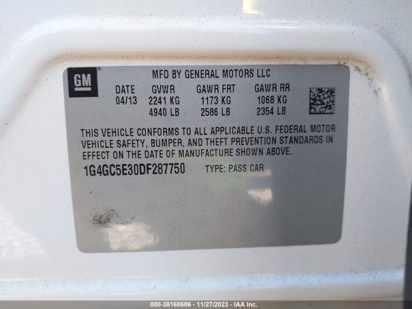 2013 BUICK LACROSSE LEATHER GROUP - 1G4GC5E30DF287750