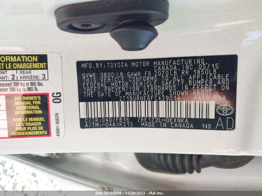 2015 TOYOTA COROLLA L/LE/LE PLS/PRM/S/S PLS - 2T1BURHE6FC429014