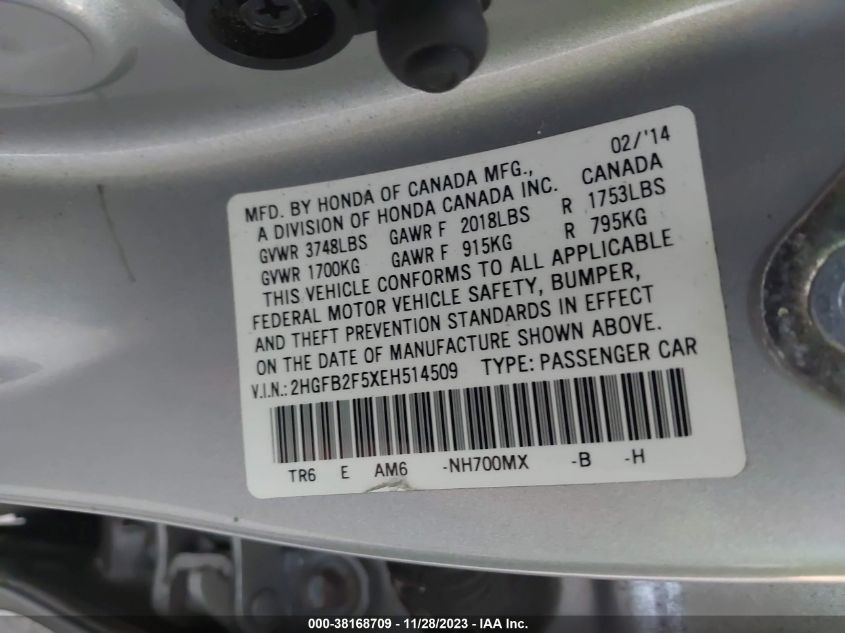 2014 HONDA CIVIC LX - 2HGFB2F5XEH514509