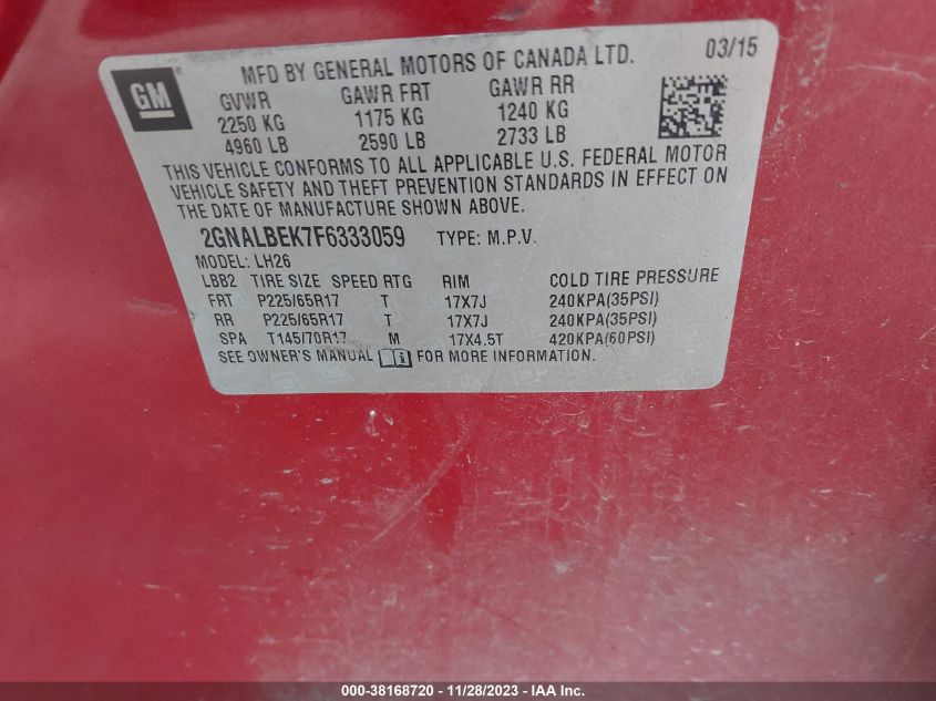 2015 CHEVROLET EQUINOX LT - 2GNALBEK7F6333059