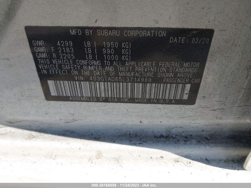 VIN 4S3GTAD65L3714980 2020 SUBARU IMPREZA PREMIUM 5-DOOR
