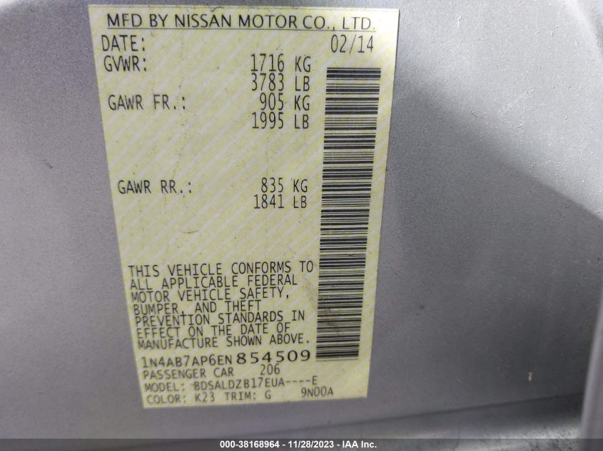 2014 NISSAN SENTRA FE+ S/FE+ SV/S/SL/SR/SV - 1N4AB7AP6EN854509