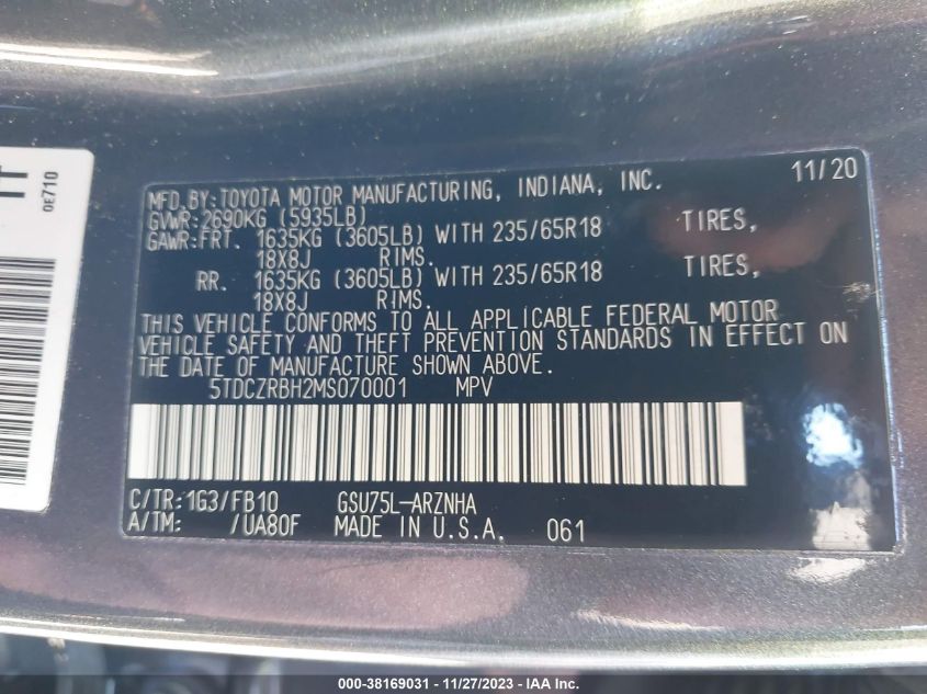 VIN 5TDCZRBH2MS070001 Toyota Highlander L 2021 9