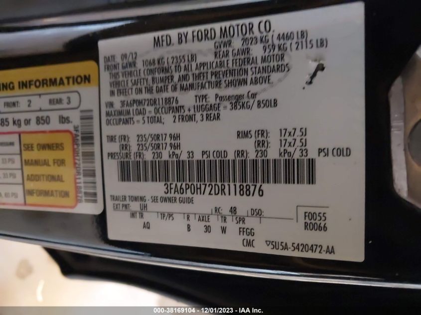 2013 FORD FUSION SE - 3FA6P0H72DR118876