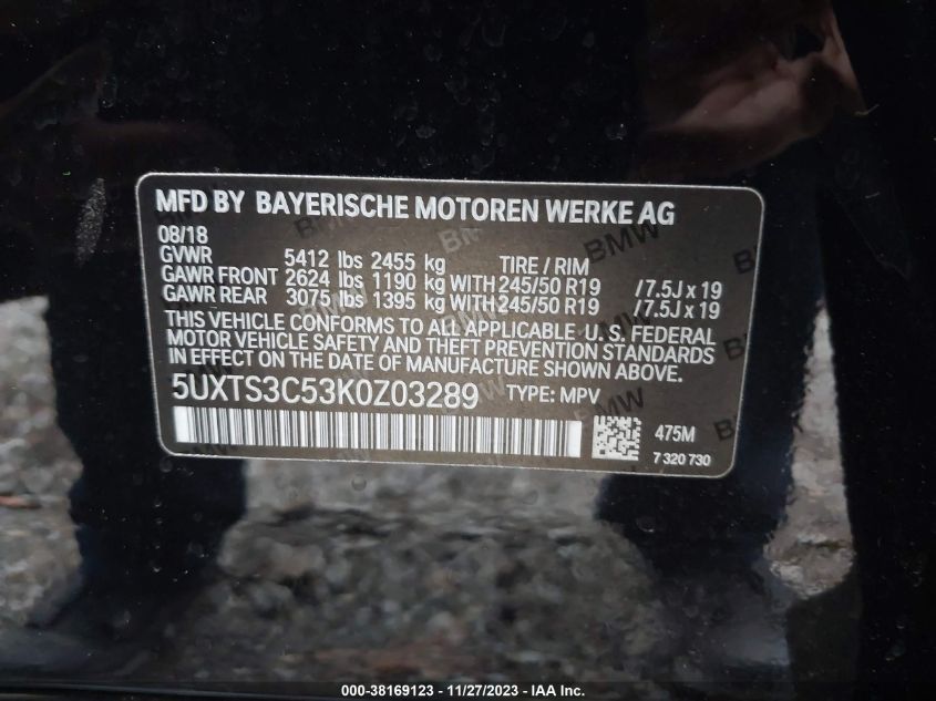 5UXTS3C53K0Z03289 2019 BMW X3, photo no. 9