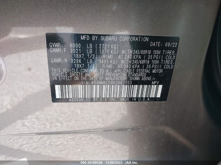 2022 SUBARU ASCENT PREMIUM - 4S4WMACD9N3467003