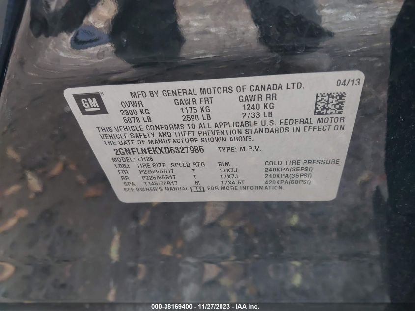 2013 CHEVROLET EQUINOX 2LT - 2GNFLNEKXD6327986