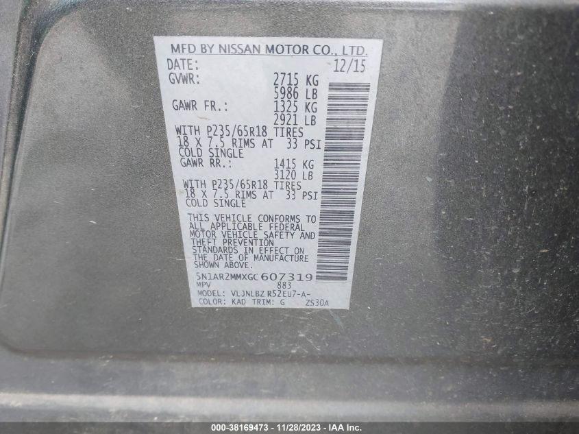2016 NISSAN PATHFINDER PLATINUM/S/SL/SV - 5N1AR2MMXGC607319