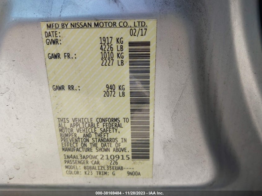 VIN 1N4AL3AP0HC210915 2017 NISSAN ALTIMA 2.5/S/SV/SL/SR