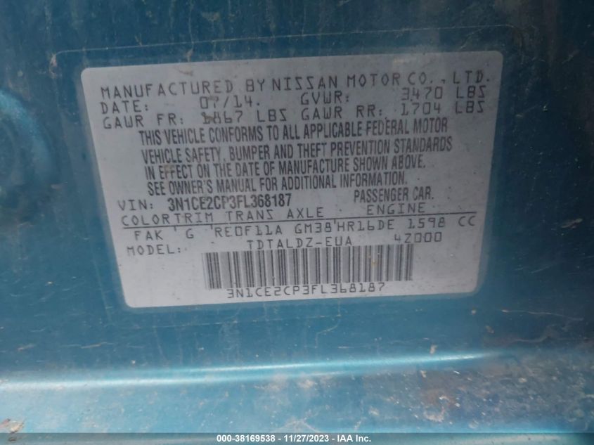 2015 NISSAN VERSA NOTE S (SR)/S PLUS/SL/SR/SV - 3N1CE2CP3FL368187