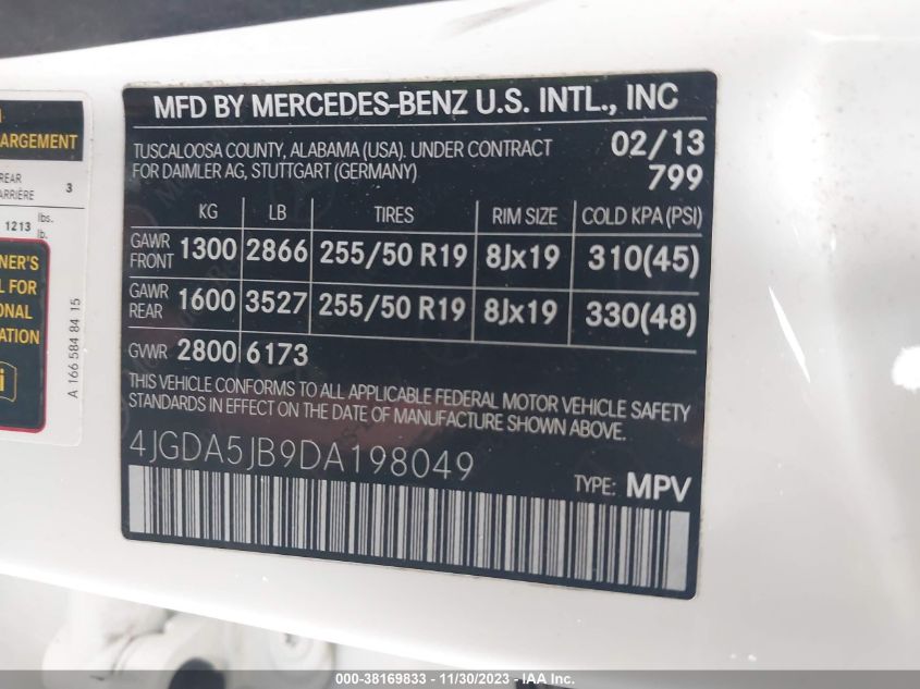 2013 MERCEDES-BENZ ML 350 4JGDA5JB9DA198049
