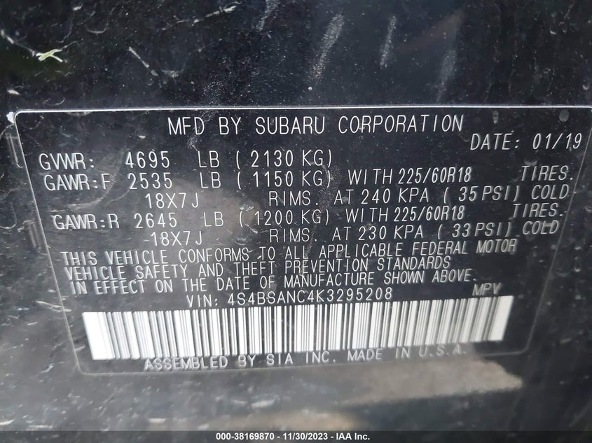 VIN 4S4BSANC4K3295208 2019 SUBARU OUTBACK 2.5I LIMITED