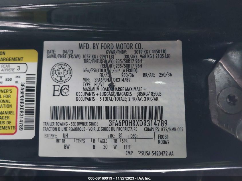 2013 FORD FUSION SE - 3FA6P0HRXDR314789