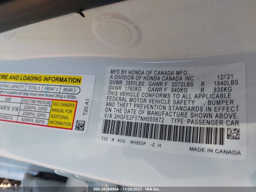 2022 HONDA CIVIC SPORT - 2HGFE2F57NH555672