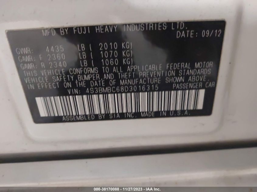 2013 SUBARU LEGACY 2.5I PREMIUM - 4S3BMBC68D3016315