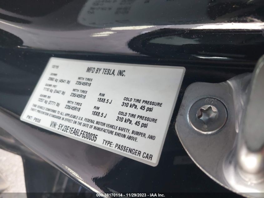 2020 TESLA MODEL 3 - 5YJ3E1EA6LF630035