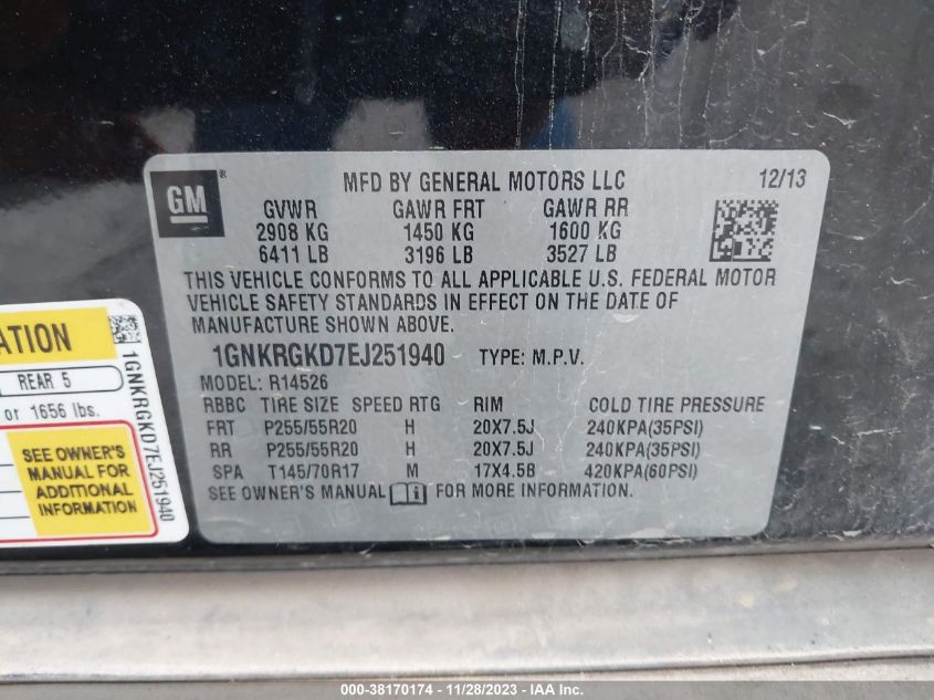2014 CHEVROLET TRAVERSE LT - 1GNKRGKD7EJ251940