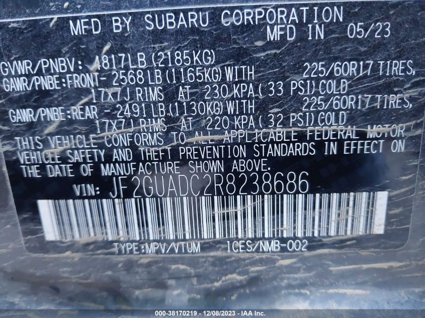 VIN JF2GUADC2R8238686 2024 SUBARU CROSSTREK PREMIUM