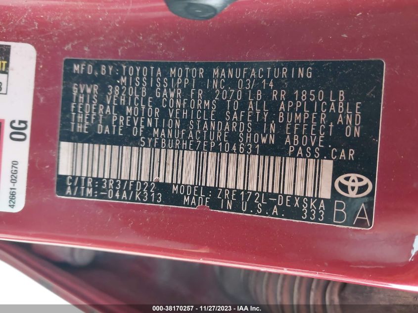 2014 TOYOTA COROLLA L/LE/LE PLS/PRM/S/S PLS - 5YFBURHE7EP104631