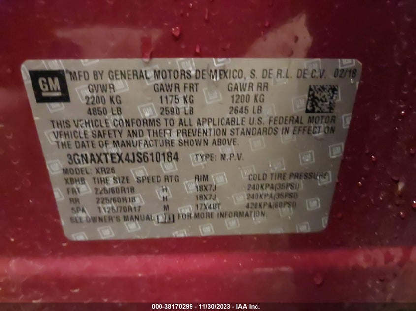 VIN 3GNAXTEX4JS610184 2018 CHEVROLET EQUINOX LT