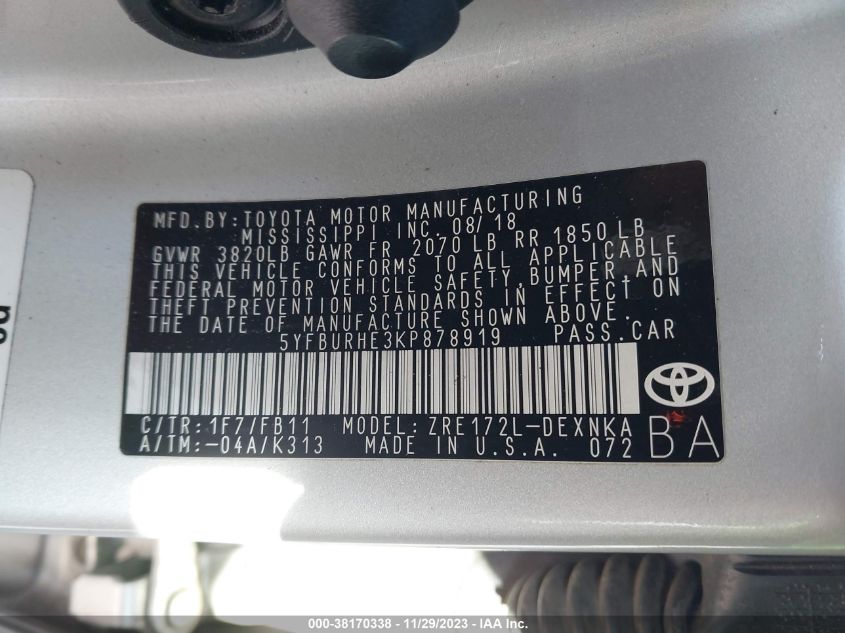 2019 TOYOTA COROLLA L/LE/SE/XLE/XSE - 5YFBURHE3KP878919