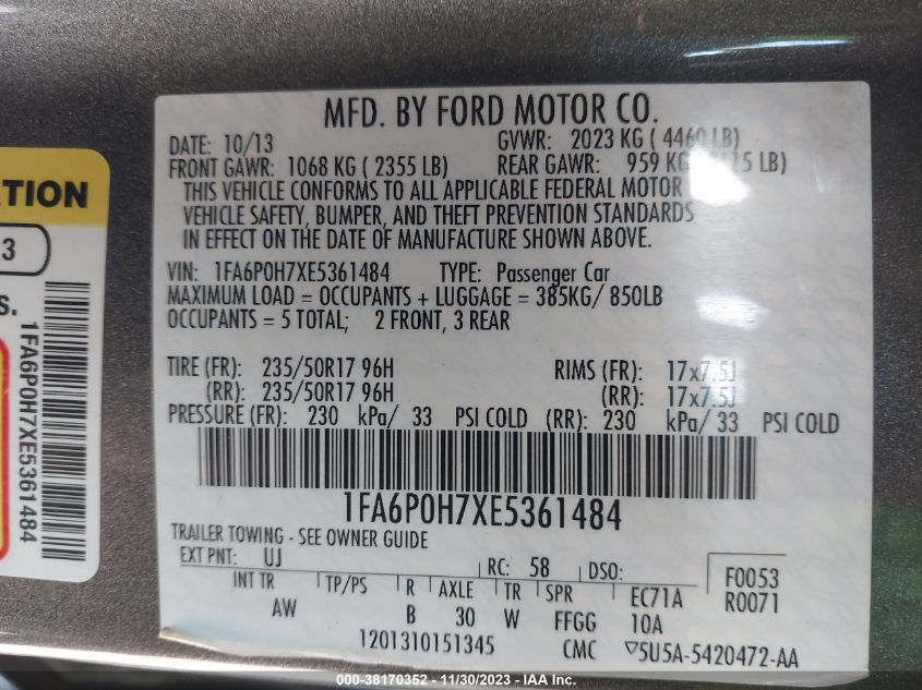 2014 FORD FUSION SE - 1FA6P0H7XE5361484