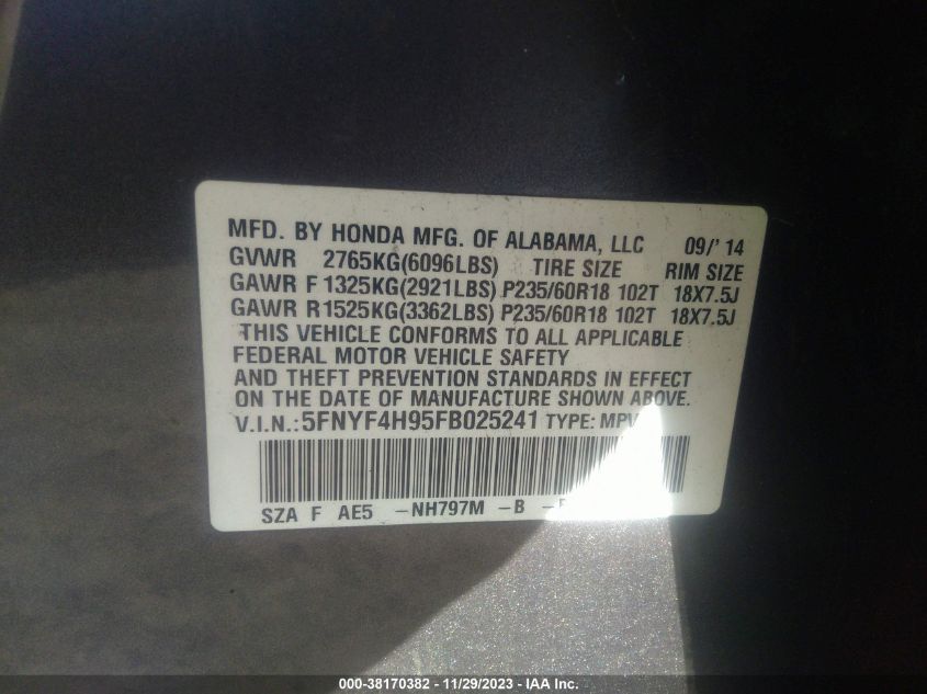 2015 HONDA PILOT TOURING - 5FNYF4H95FB025241