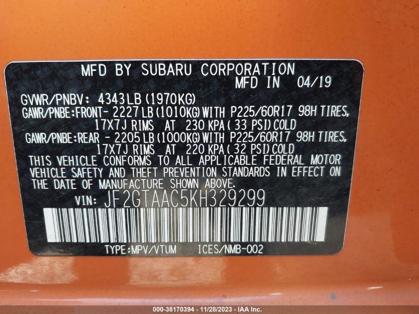 2019 SUBARU CROSSTREK 2.0I - JF2GTAAC5KH329299