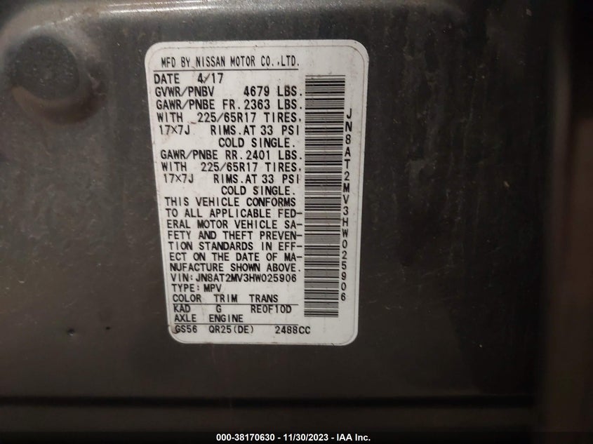 VIN JN8AT2MV3HW025906 2017 NISSAN ROGUE S/SL/SV