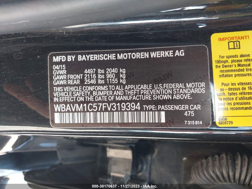 2015 BMW X1 SDRIVE28I - WBAVM1C57FV319394
