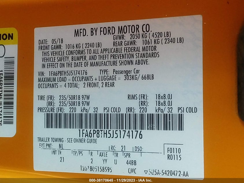 VIN 1FA6P8TH5J5174176 2018 FORD MUSTANG