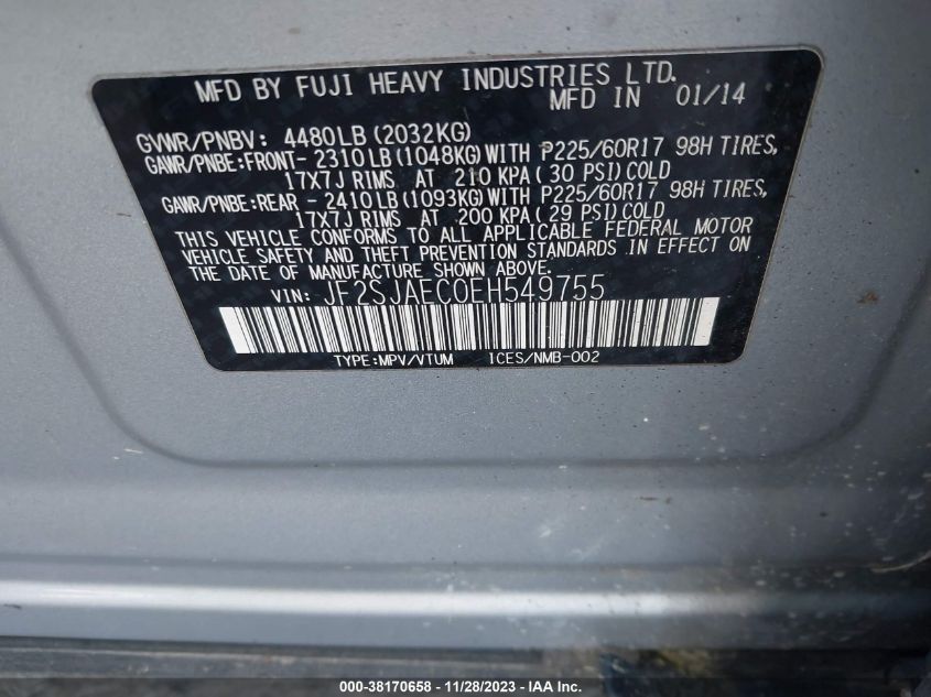 2014 SUBARU FORESTER 2.5I PREMIUM - JF2SJAEC0EH549755