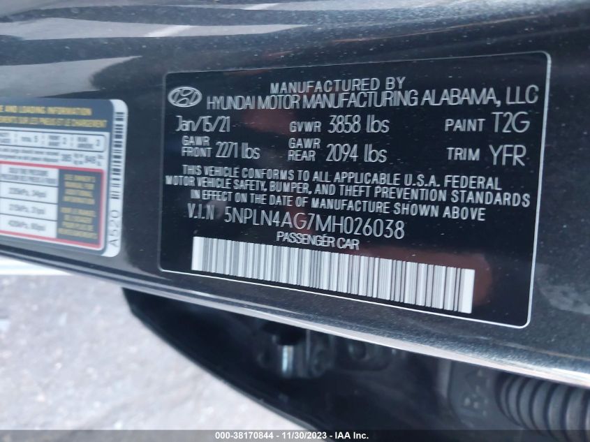 2021 HYUNDAI ELANTRA SEL - 5NPLN4AG7MH026038